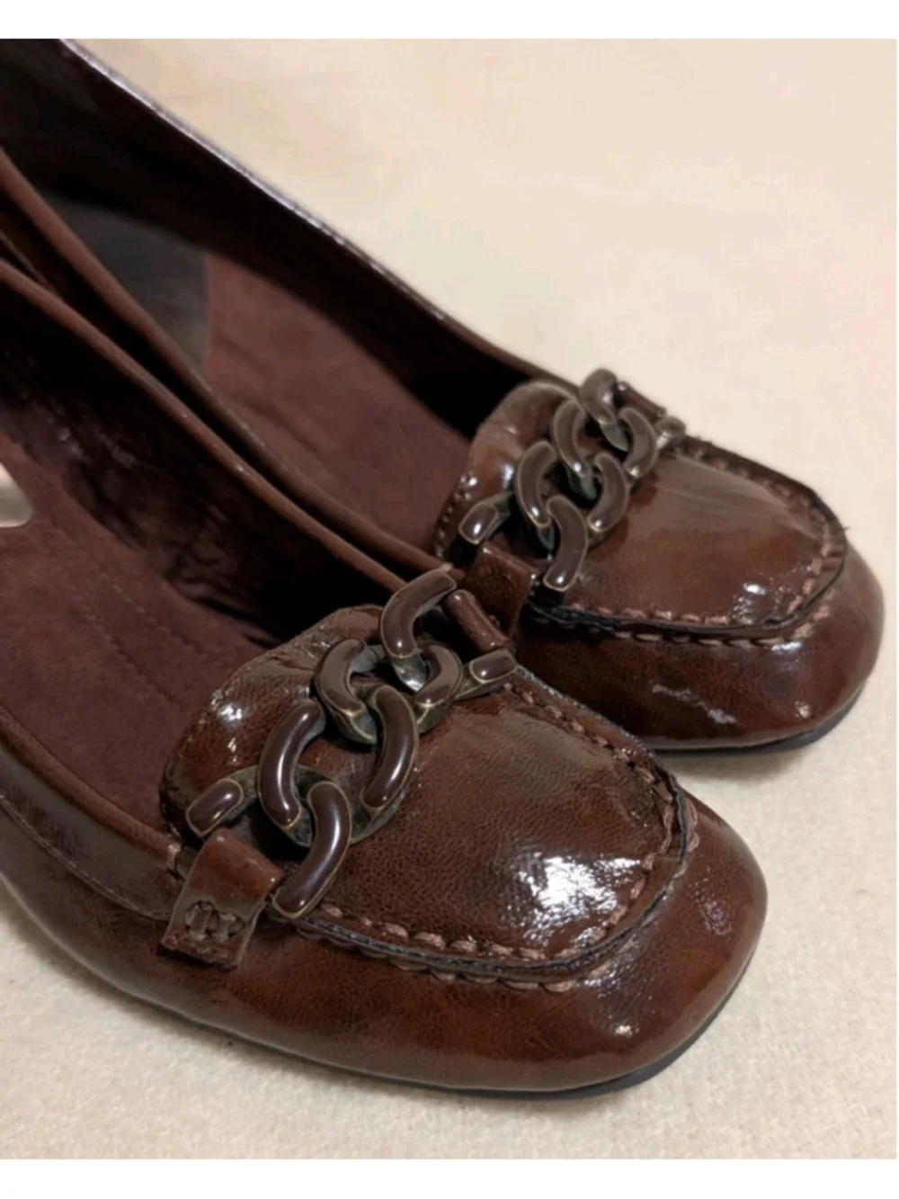 Boston Design Studio Women’s Brown Patent Leather Loafer Block Heel Size 7M F34